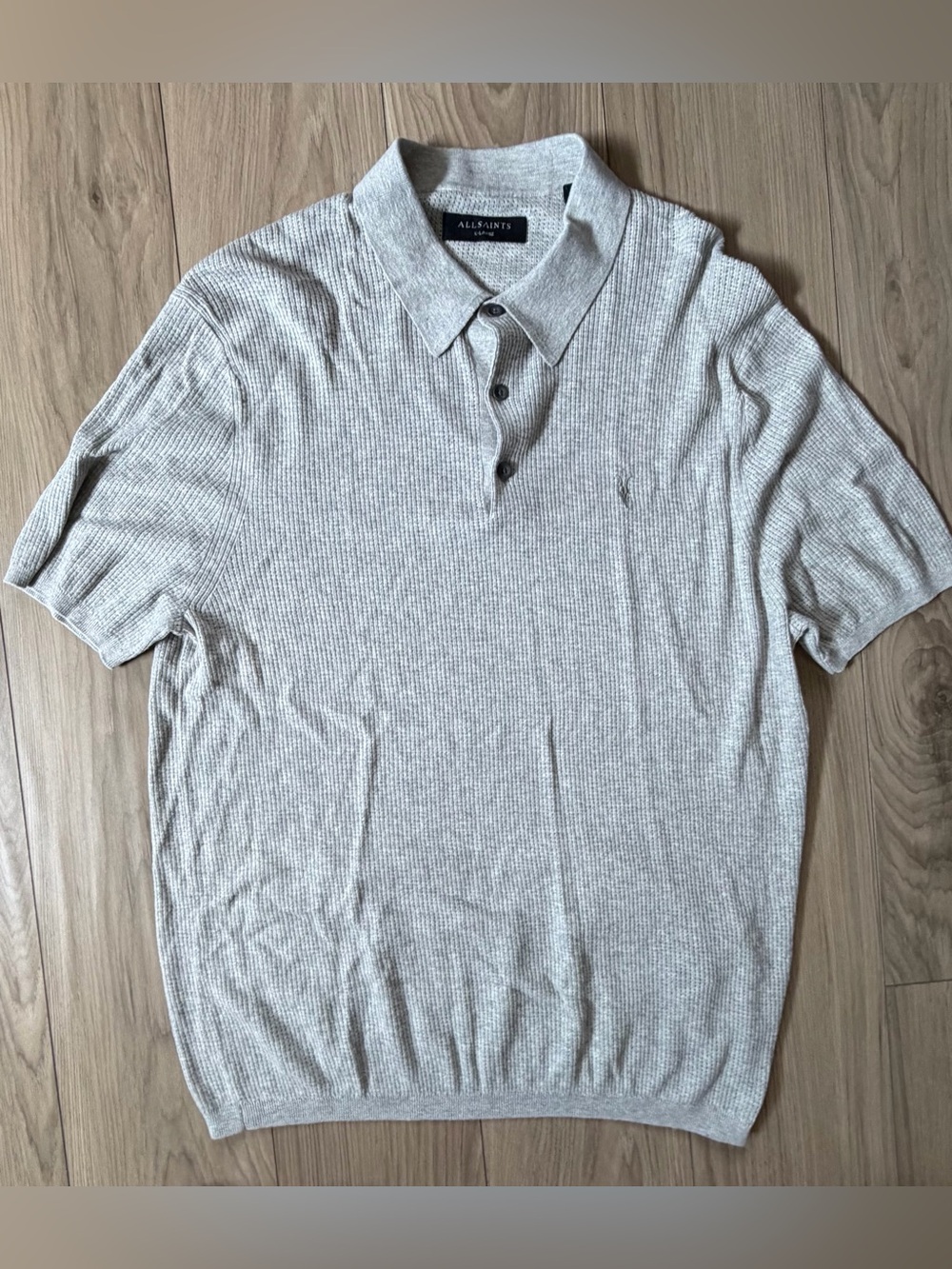 All Saints Aubrey Ramskull Men's Light Gray Ribbed Polo Sweater XL